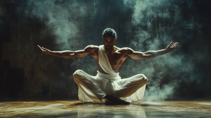 Male Dancer in White Attire Performing a Graceful Dance Surrounded by Smoke and Dramatic Lighting