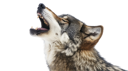 The image shows a wolf with its head tilted back, mouth open in a howl. The animal's fur is detailed.