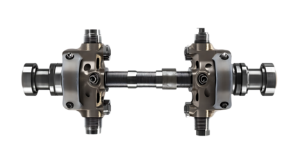 This is a detailed studio shot of a metal industrial machine part consisting of a central shaft connecting two bearing housings.
