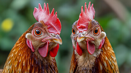 Fototapeta premium Closeup of two curious chickens with red combs and detailed feathers in farm setting 