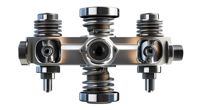 This image shows a detailed, close-up view of a shiny, metallic mechanical device featuring cylinders, springs, and intricate metal components.