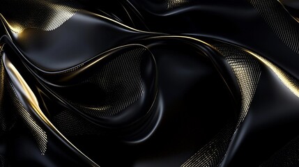 Abstract black and gold waves with glossy texture and intricate patterns