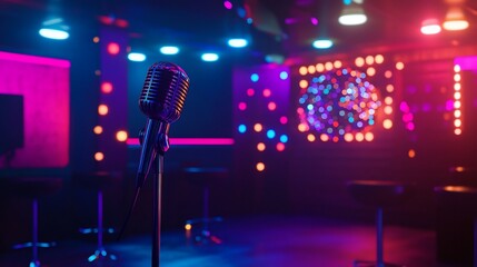 Vintage microphone on stage with colorful lights creating a vibrant atmosphere at night