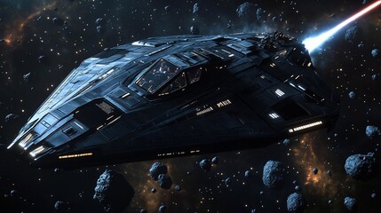 Dark Gray Spaceship in Asteroid Field, Red Energy Beam, Deep Space