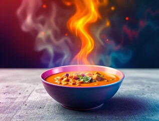 A Digital Curry Dish That Changes Color Based on Market Trends, Representing India’s Fintech Growth
