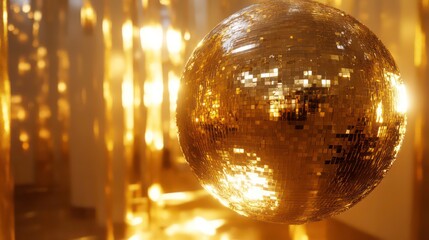 Obraz premium A shiny, golden disco ball reflects light, creating a vibrant atmosphere, ideal for parties and celebrations.