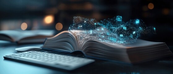 Open Book with Digital Data Overlay on Desk