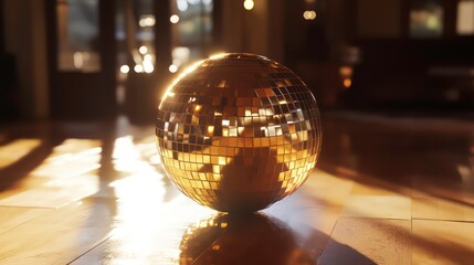 A shiny, golden disco ball reflects light, creating a vibrant atmosphere, ideal for parties and celebrations.