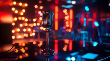 Vintage Microphone on Stage with Neon Lights and Bokeh Background Scene