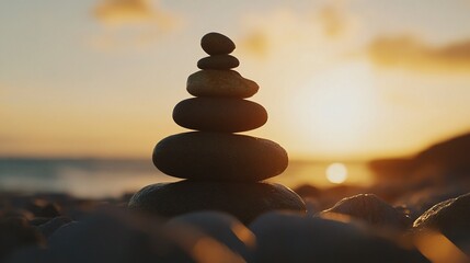Stacked stones on a beach at sunset, promoting balance and tranquility in nature