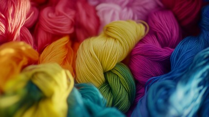 Close-up of Colorful Yarn Skeins, showing a rainbow of colors in a soft texture