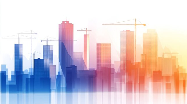 Urban skyline with construction cranes at sunrise, showcasing growth and development