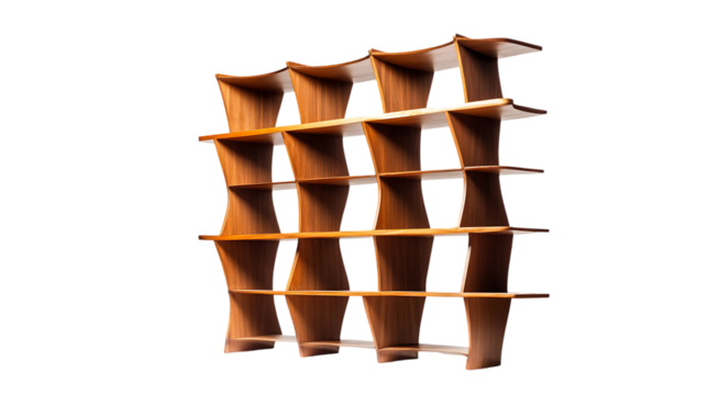 The image depicts a modern wooden bookshelf with curving structural supports against a stark black background, emphasizing its unique design.