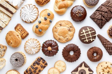 Variety of assorted baked goods. Assortment of cookies, breadstuff on a white background, full frame. Various kinds of pastries arrangement. Healthy snacks. Bakery products. Bread making business.