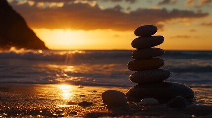 Stacked stones on a sandy beach during a golden sunset create a tranquil scene