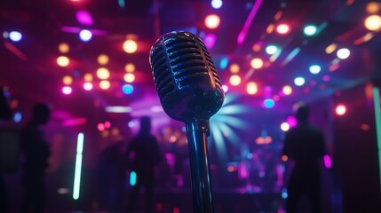 Vintage microphone stands center stage amidst a vibrant backdrop of stage lights and band members