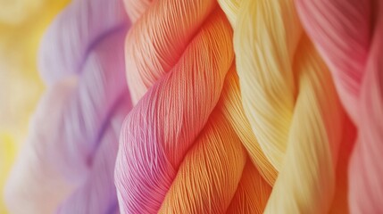 Close up of braided colorful threads showcasing soft pastel hues and delicate textures