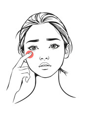 line art drawing Dermatology, scratch asian young woman, girl face worry and itch, itchy allergy, allergic sensitive reaction, red spot or rash on face. Beauty care from skin problem Generative Ai