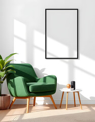 Advertising poster style Minimalist composition of living room interior with design green armchair, mok up poster frame, plant and decorations. Home decor. . Professional, modern, Generative Ai