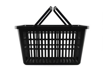 Empty black shopping basket with two handles raised isolated on white background