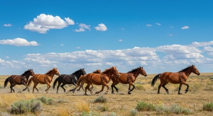 A herd of galloping horses running across a vast prairie landscape