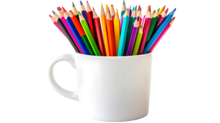 This image showcases a white mug filled with various colorful pencils, creating an artistic and creative impression.