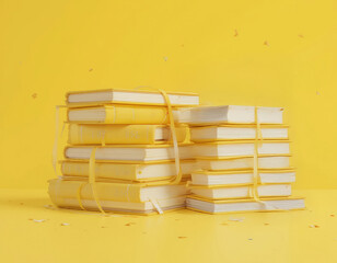 Stack of Yellow Bound Books with Ribbons on Matching Background