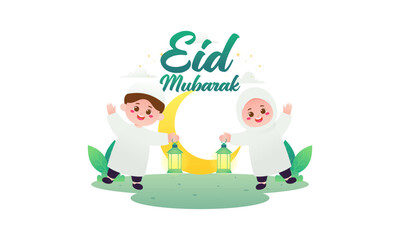 Eid Mubarak with Cute Kids Cartoon Illustration. Happy Muslim Boy and Girl Celebrate Eid Mubarak with Ketupat and Playing The Lantern. 