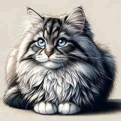 Hand-drawn version of a beautiful long-haired cat with blue-gray eyes and fluffy fur