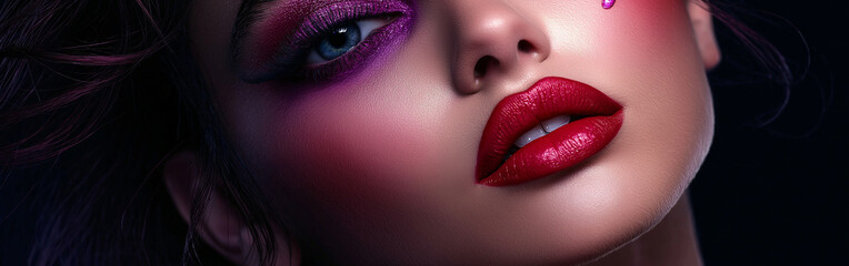 Obraz premium Striking Beauty Portrait: Woman with Purple Eyeshadow, Red Lipstick & Pink Eyeliner – Artistic Red Splatters on Face