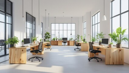 Modern, bright open-plan office space with wooden desks