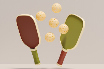 A pair of paddles and balls, representing a fun game of pickleball. 3d rendering