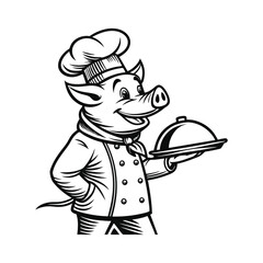 Cartoon pig chef vector illustration, hand drawn style, isolated on a white background