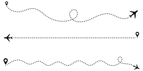 Airplane line path icon. Air plane flight route with line trace vector illustration. Dashed route travel concept. Plane flight way wallpaper isolated on white background. Aviation track symbol.