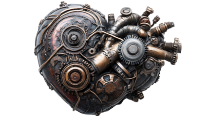 The image presents a steampunk-style heart constructed with intricate mechanical components like gears, pipes, and various metal fittings.