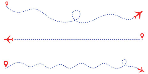 Airplane dotted route line set. Path travel line shapes. Flight route with start point and dash line trace for plane. Airplane line path icon. Airplane flight route with line trace vector illustration