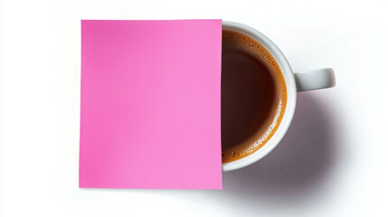 Pink sticky note on coffee mug for office organization and creative inspiration