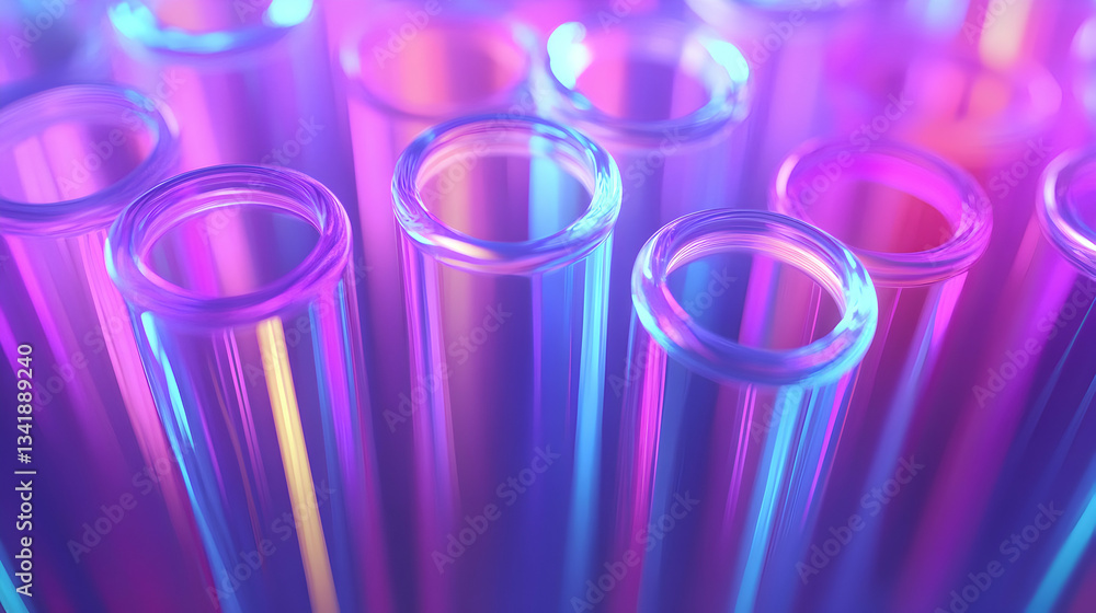 Poster illuminated test tubes in science setting with dynamic purple and blue gradient light