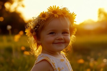Fototapeta premium Happy sunny days visual idea art. Happy caucasian infant girl with blond hair wearing yellow flower circlet on her head. Golden hour in sunset. Childâ€™s peaceful summer happiness.