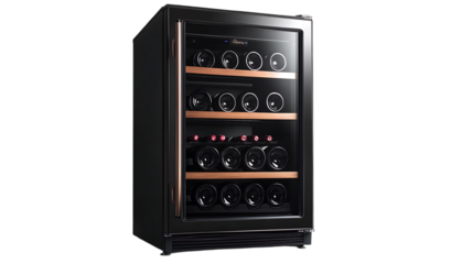 A sleek, modern black wine cooler is showcased with multiple rows of stored wine bottles.