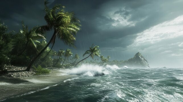 Tropical storm lashes a secluded island beach with crashing waves