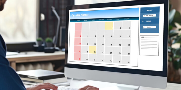 Calendar on computer software application for brisk schedule planning for personal organizer and online business