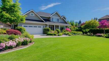 Beautiful suburban home with vibrant garden and blooming flower under clear blue sky