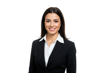 Photo portrait of a beautiful smiling brunette business woman on a white background in a black business suit isolated on White background