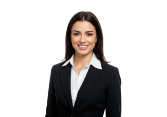 Photo portrait of a beautiful smiling brunette business woman on a white background in a black business suit isolated on White background