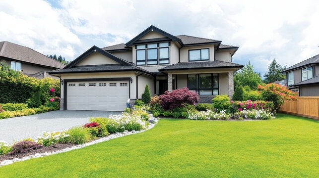 Beautiful suburban house surrounded by vibrant gardens and lush greenery under a cloudy sky - Powered by Adobe
