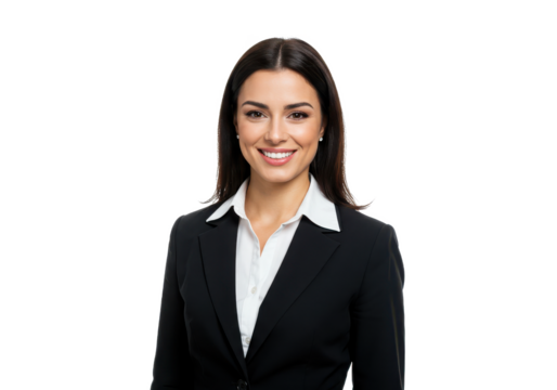 Photo portrait of a beautiful smiling brunette business woman on a white background in a black business suit isolated on White background
