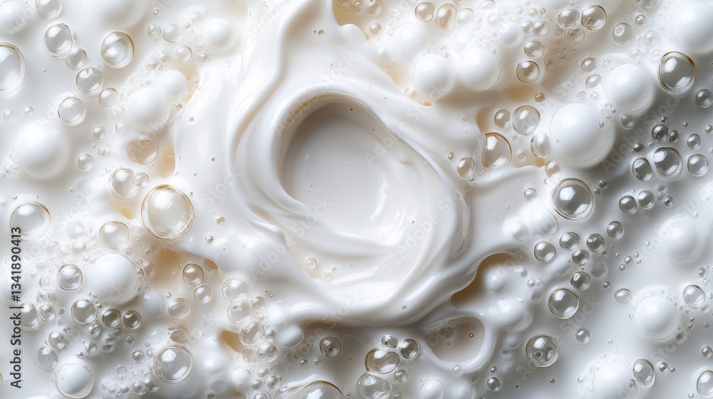 Aufkleber closeup view of rich creamy liquid with bubbles creating an abstract and textured background in whit