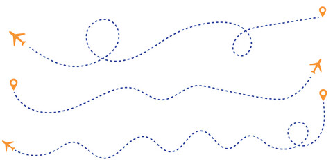 Airplane routes set. Plane paths. Aircraft tracking, planes, travel, map pins, location pins. Vector illustration.