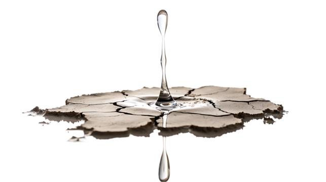 A clear water droplet plunges into cracked, parched earth, causing a small ripple, symbolizing relief or the environment.